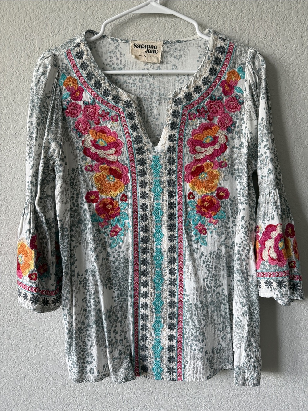 Savanna Jane White Tunic with Pink, Orange & Turquoise Floral Embroidery